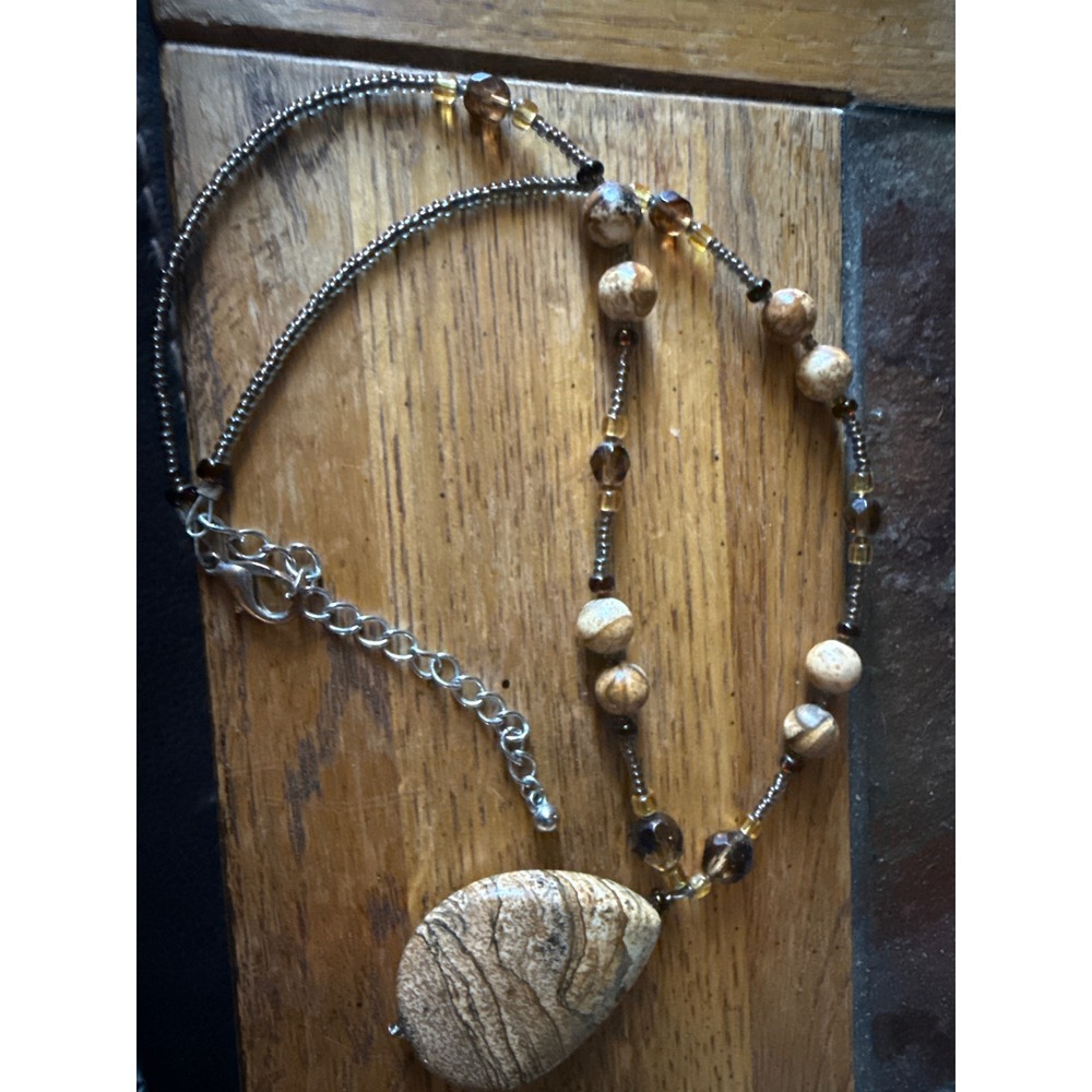 Natural Picture Jasper Teardrop Pendant Beaded Necklace Brown Earthy Boho